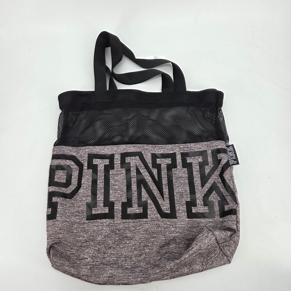 Victoria's Secret PINK Mesh Tote Bag Heather Gray Black Gym Beach Bag Logo